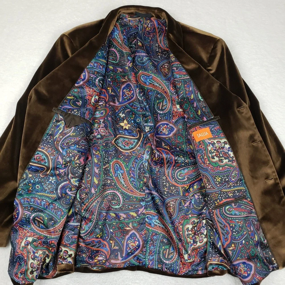 Tallia Mens Brown Velvet Shawl Lapel Blazer Paisley Lining 48R Smoking Jacket